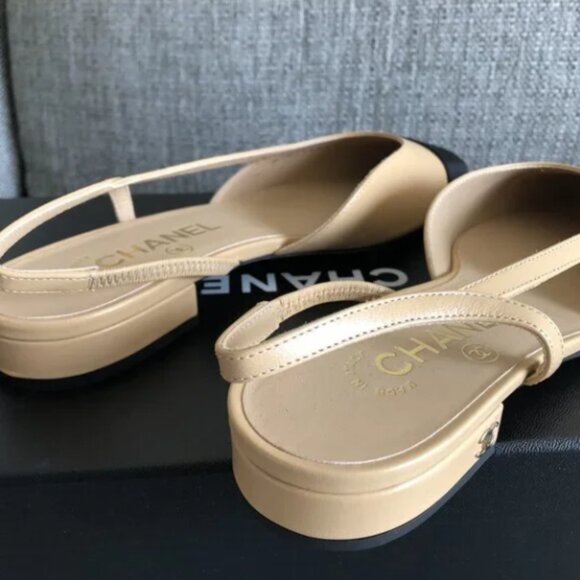 New Chanel Size 38 Goatskin Slingback Beige/Black Flat - Picture 6 of 6